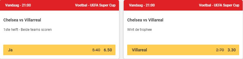 Pariez sur la finale de la Supercoupe de l'UEFA : Chelsea vs. Villarréal