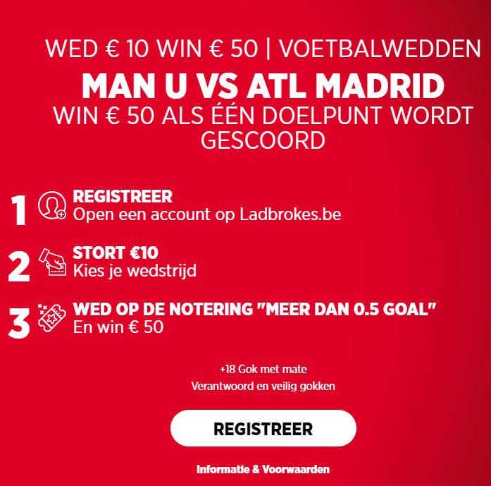 Man United vs Atl Madrid Bet & Get op Ladbrokes.be
