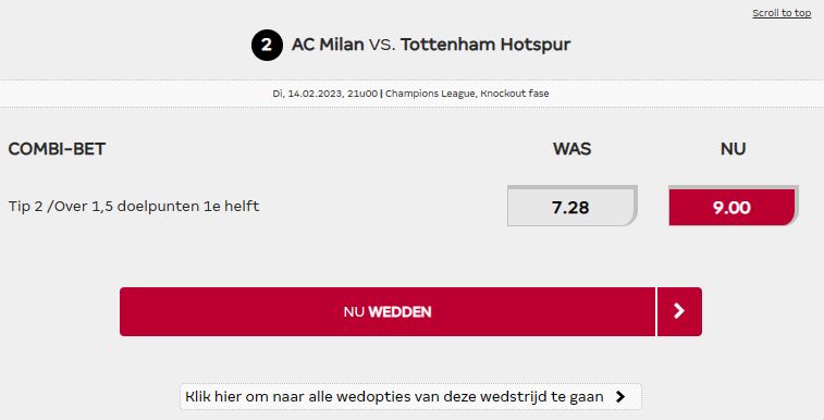 Odds boost AC Milan vs Tottenham
