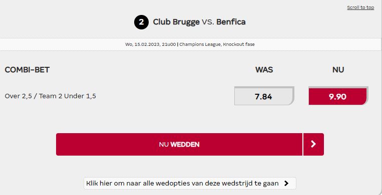 Odds boost Club Brugge vs Benfica