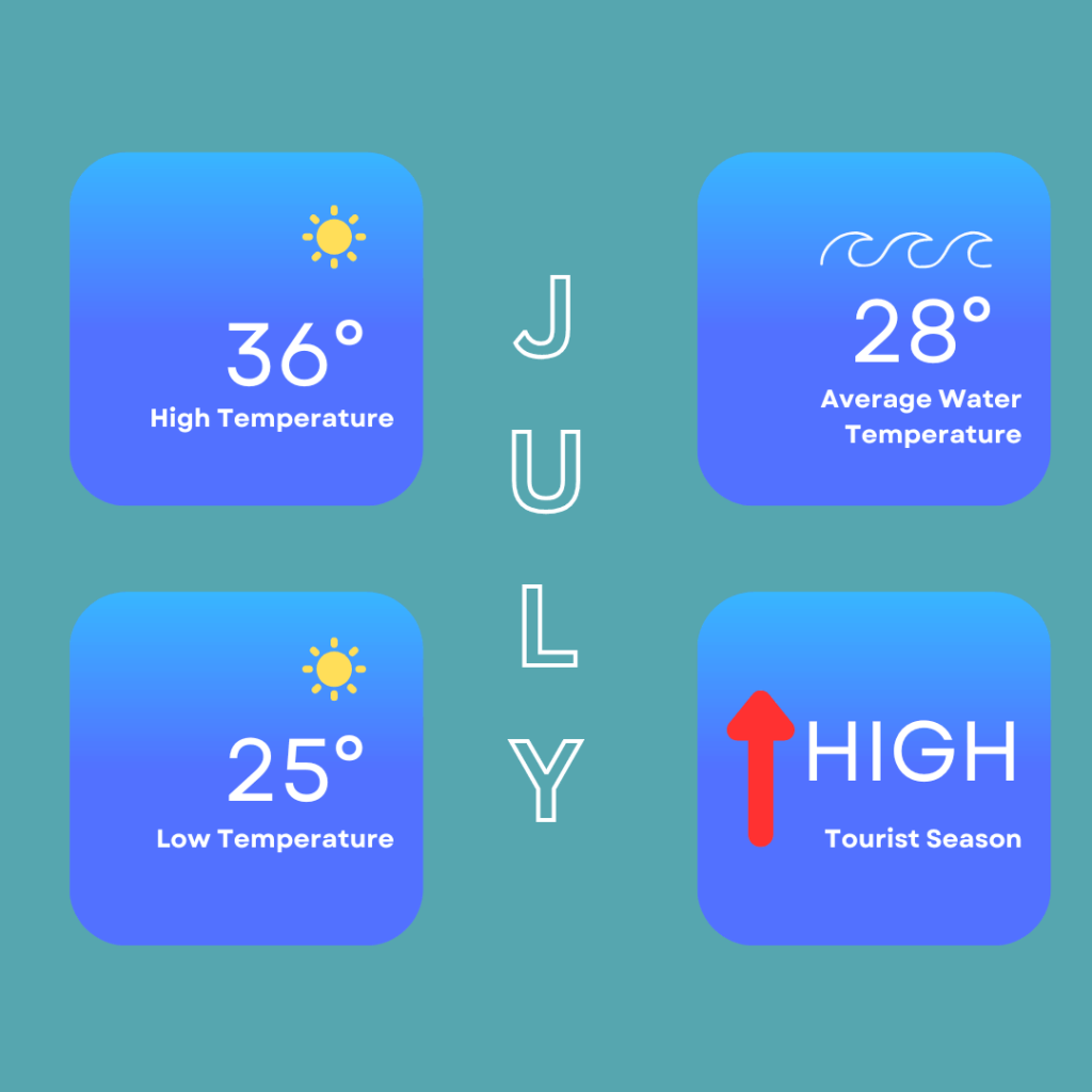 Infographic showing the weather in Hurghada in July. High temperatures can reach around 35 Degrees Celsius / 95 Degrees Fahrenheit and low temperatures of 25 Degrees Celsius / 77 Degrees Fahrenheit. Sea temperatures of around 28 Degrees Celsius / 82 Degrees Fahrenheit. It is also a high tourist season.