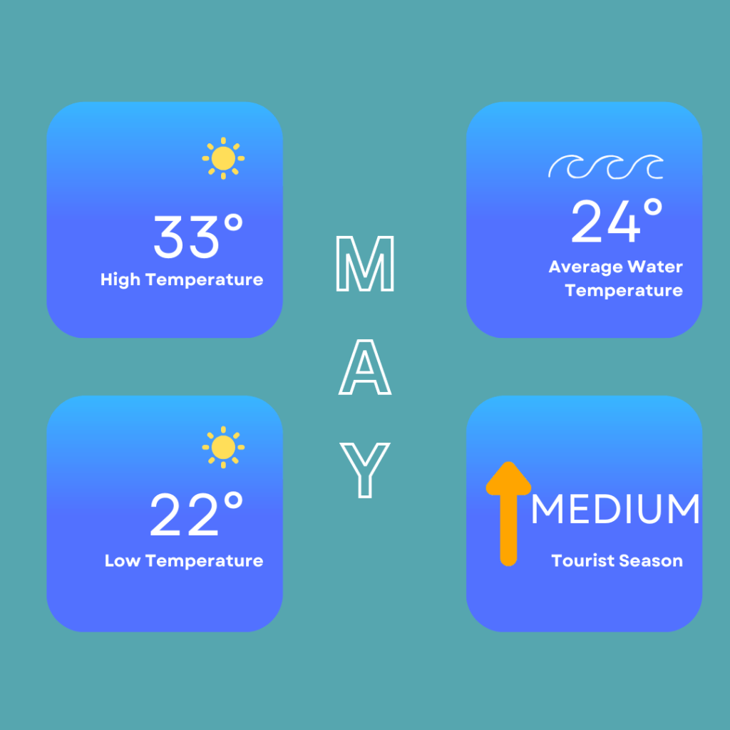Infographic showing the weather in Hurghada in May. High temperatures can reach around 33 Degrees Celsius / 91 Degrees Fahrenheit and low temperatures of 22 Degrees Celsius / 72 Degrees Fahrenheit. Sea temperatures of around 24 Degrees Celsius / 75 Degrees Fahrenheit. It is also a medium busy tourist season.