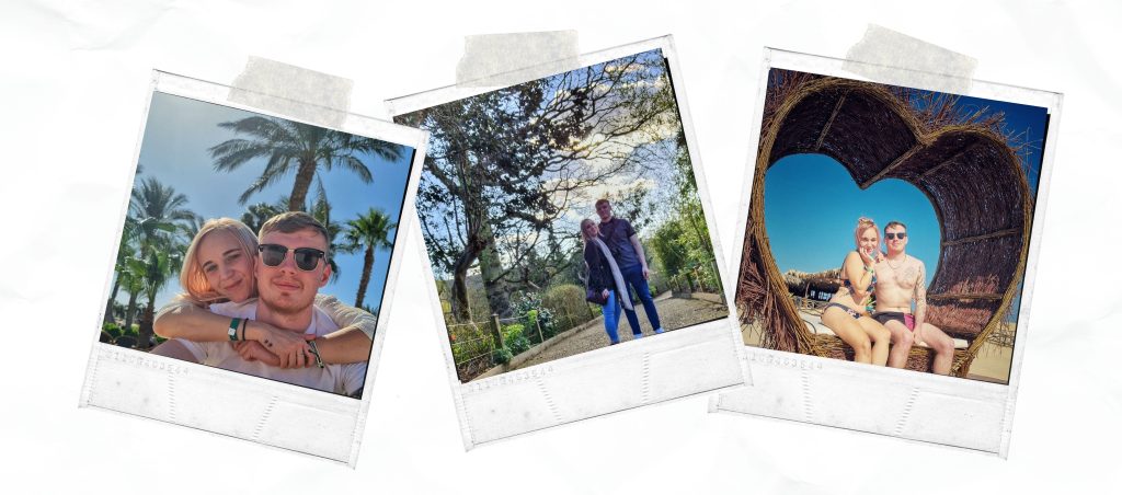 Collage of images of Amy & Liam include a photo of them in Hurghada with palm trees in the background, at Colchester zoo and on Paradise Beach in Hurghada.
