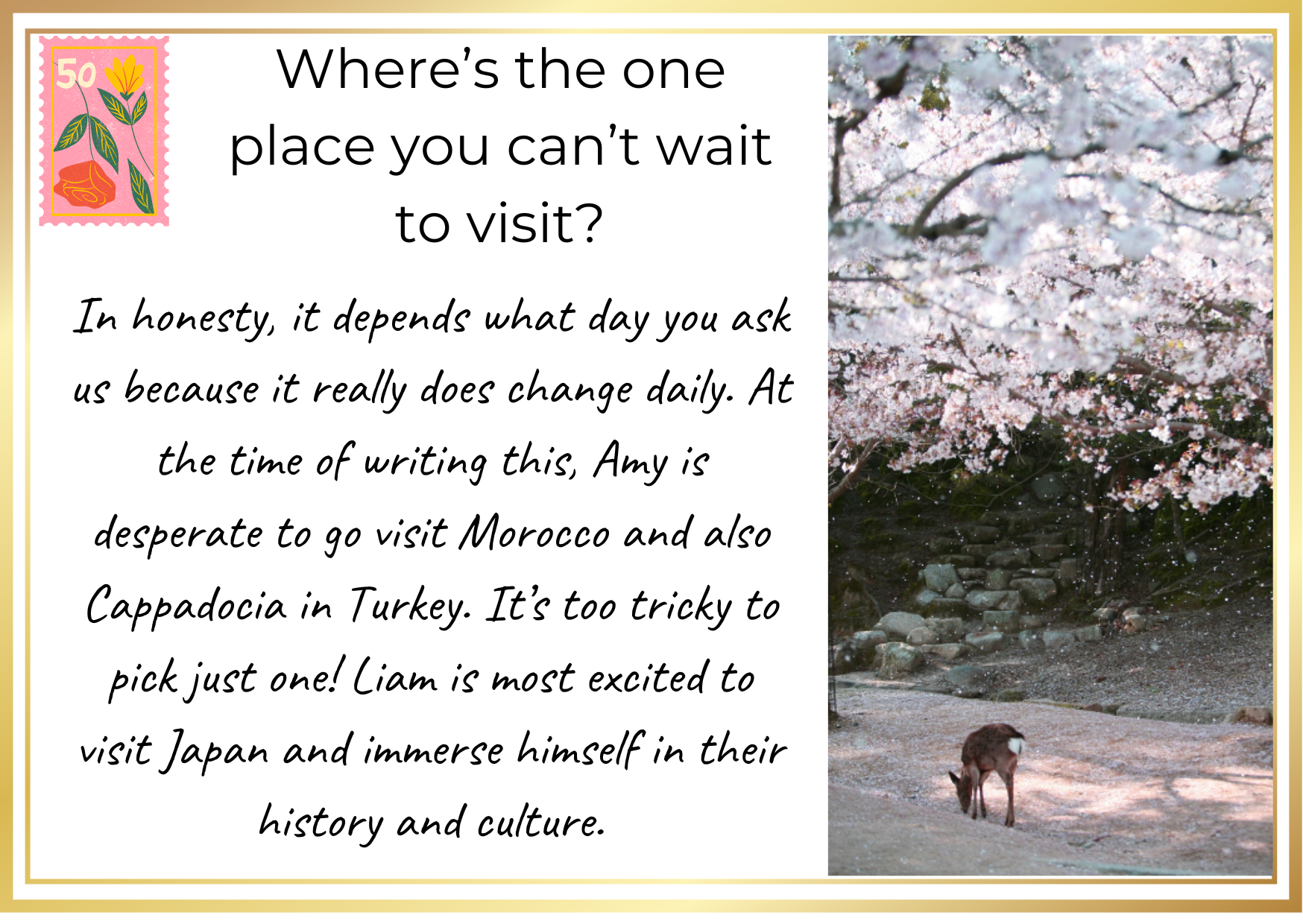 Where's the one place you can't wait to visit? In honesty, it depends what day you ask us because it really does change daily. At the time of writing this, Amy is desperate to go visit Morocco and also Cappadocia in Turkey. It's too tricky to pick just one! Liam is most excited to visit Japan and immerse himself in their history and culture.