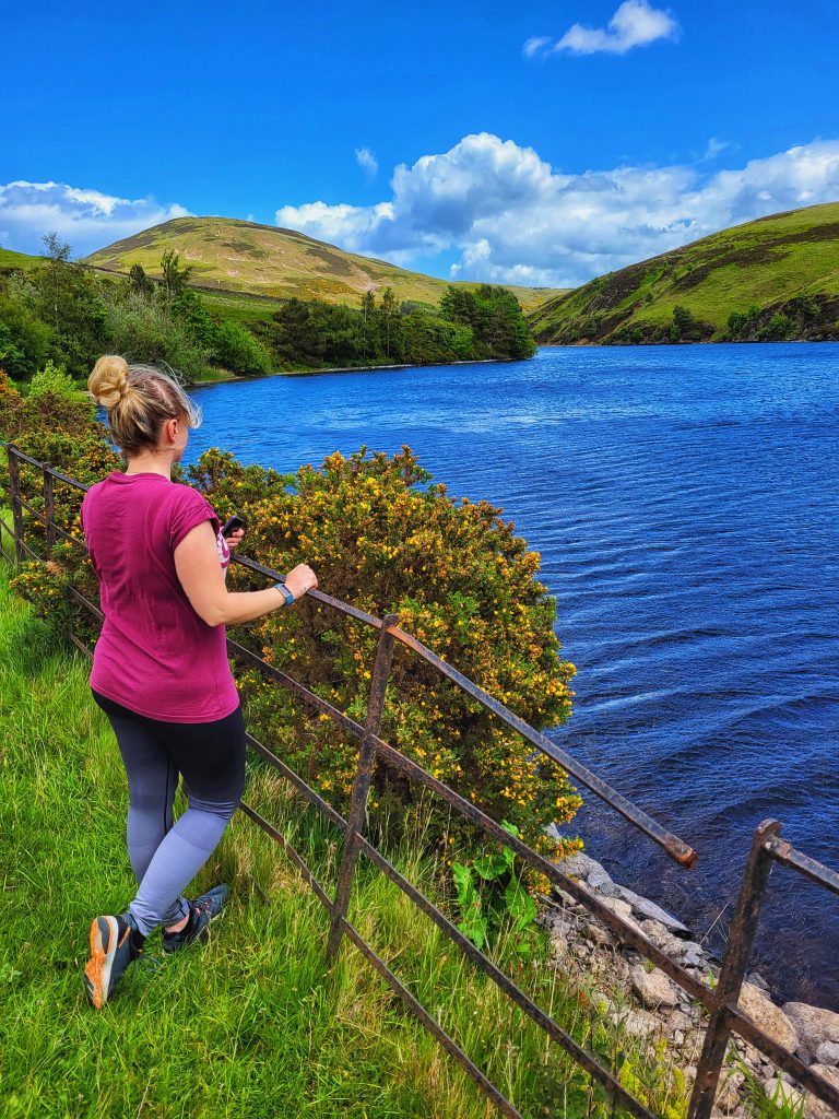 Amy overlooking Glencorse Reservoir.