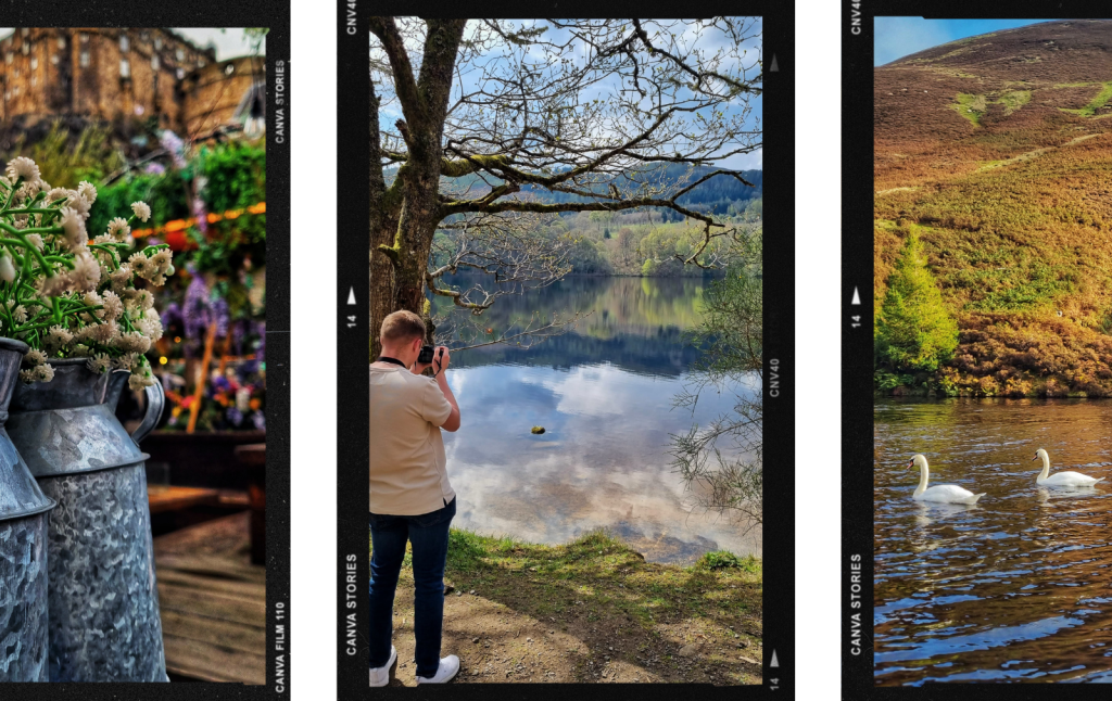 Collage of images from Scotland including view of Edinburgh Castle from The Cold Town House, Liam taking a photo in Pitlochery and photo of swans on Glencorse Reservoir.