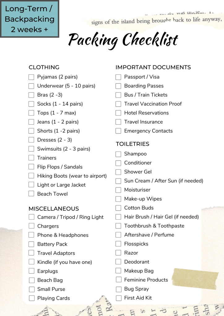 Generic packing list for long-term or backpacking trips. This checklist can be used for any trips that are more than 2 weeks.