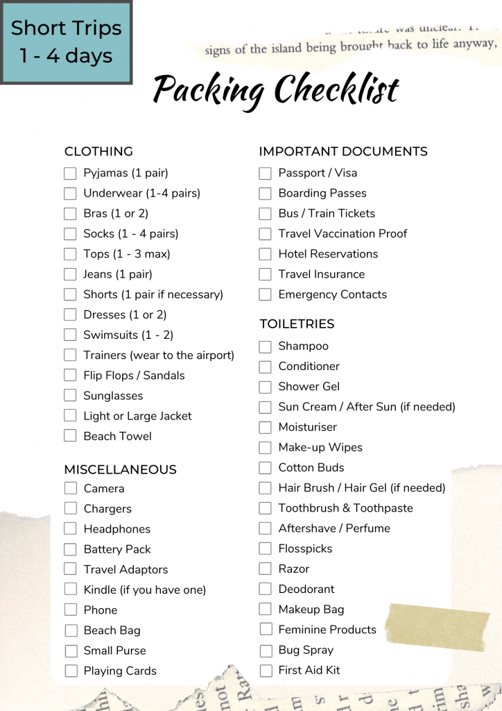 Generic Packing Checklist for a short trip that will last between 1-4 days.