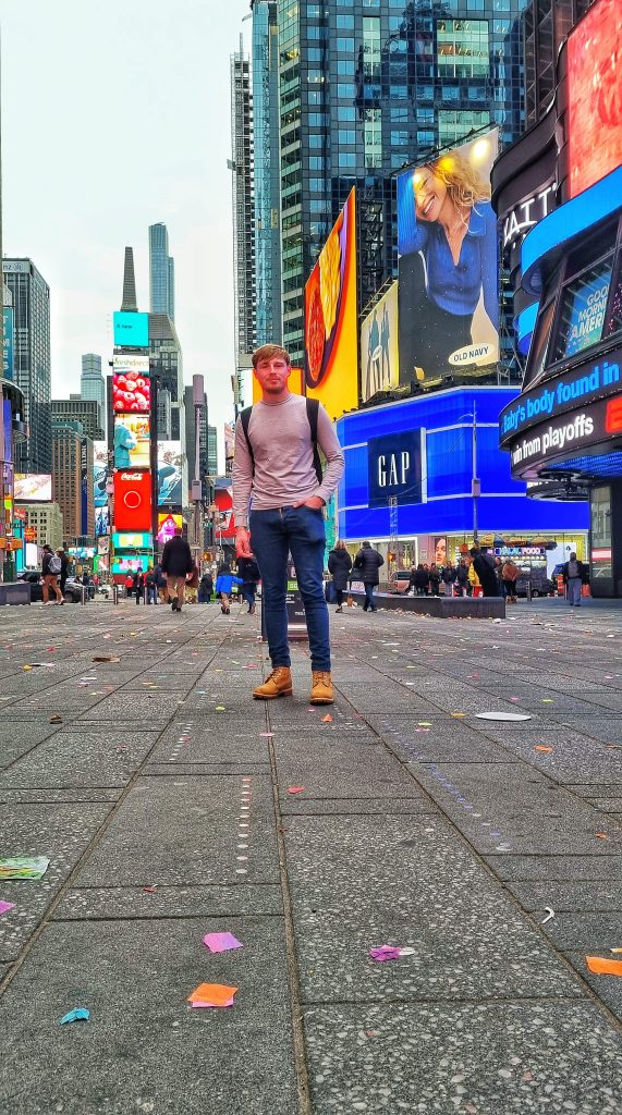 Times Square is easily one of the coolest tourist attractions in New York City so it had to make our top 7. This image shows Liam in the city just after New Years so you can still see the confetti on the floor.