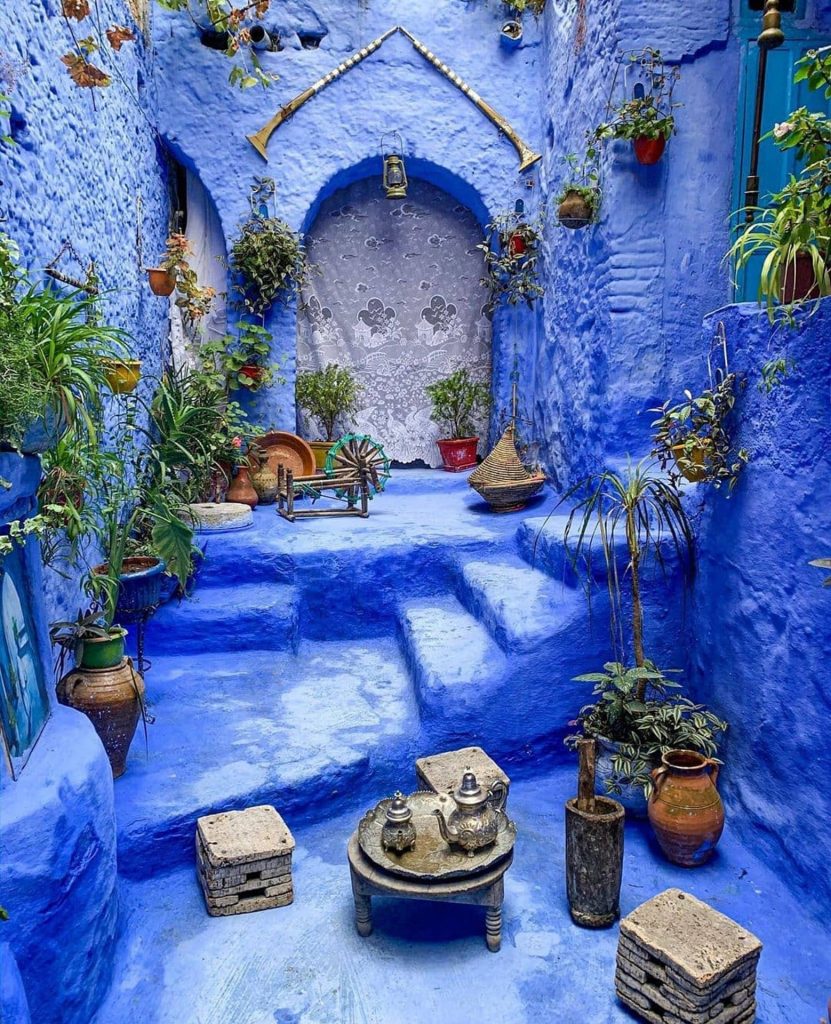 Some of the streets in Morocco are painted completely in blue and the royal blue looks beautiful with the contrast of plants and ornaments.