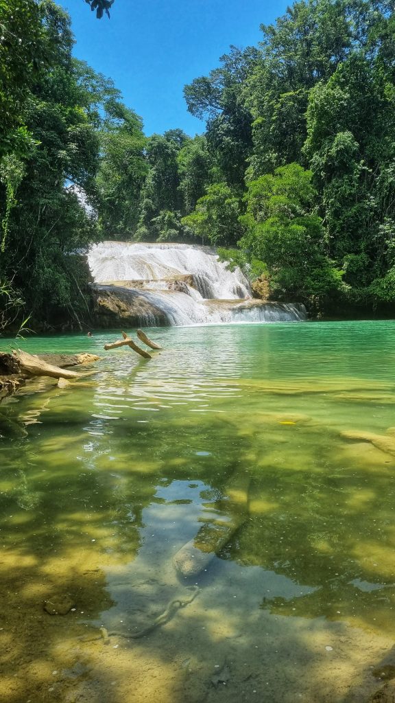Most travellers will head to the Agua Azul waterfalls but this image shows the Roberto Barrios waterfalls. This had to be included in our ultimate guide to Palenque because they are absolutely stunning and a hidden gem in Mexico.
