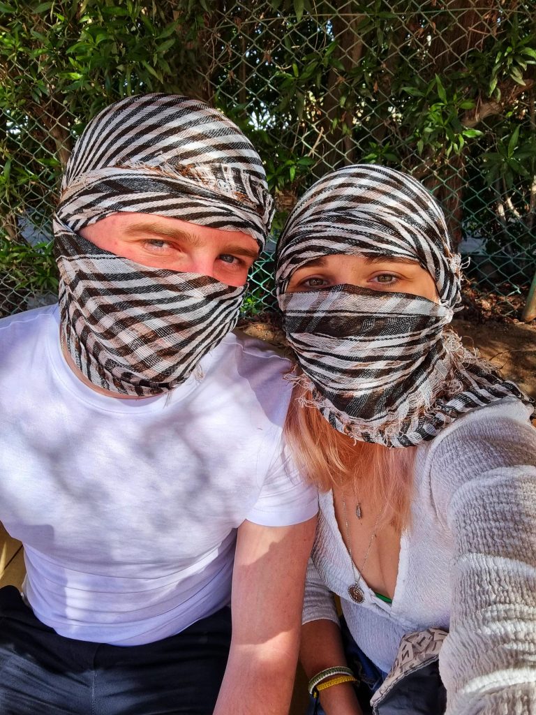 Amy & Liam with their headscarves before setting off for their quad bike tour.