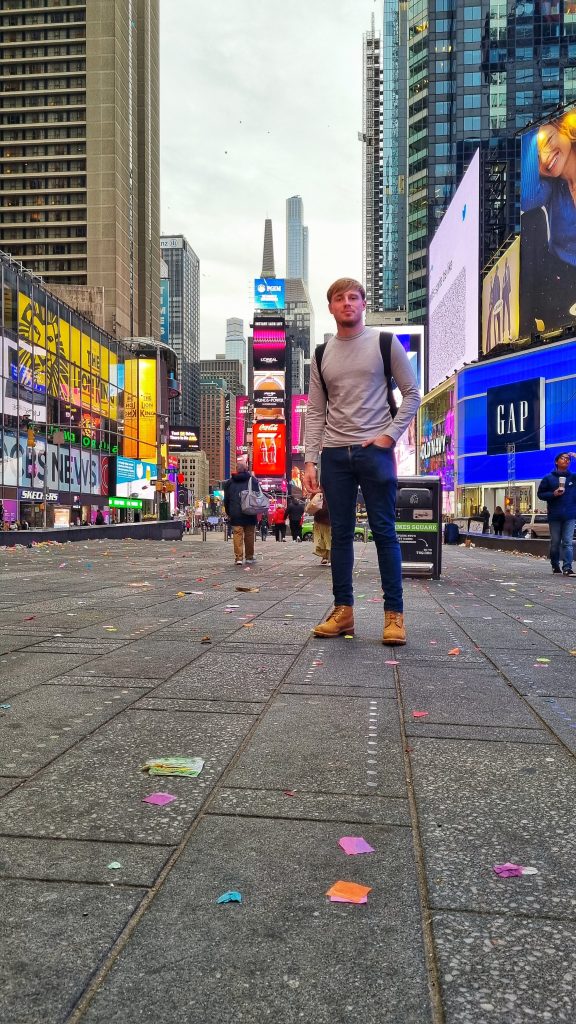 Times Square is one of the most obvious places to spend NYE when you're in New York City. This image shows Liam in Times Square on New Years Day.