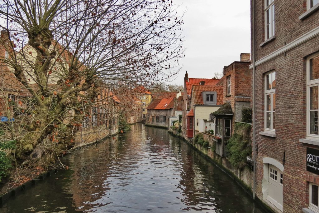 View of the lake running close to the houses in Bruges