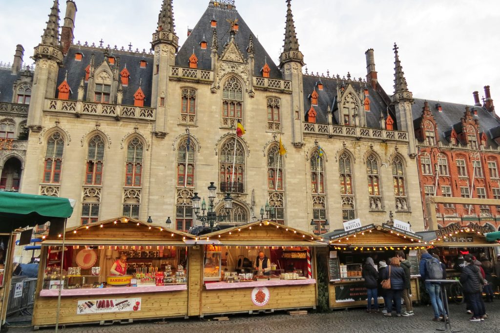 Sweet and food stalls in Bruges.