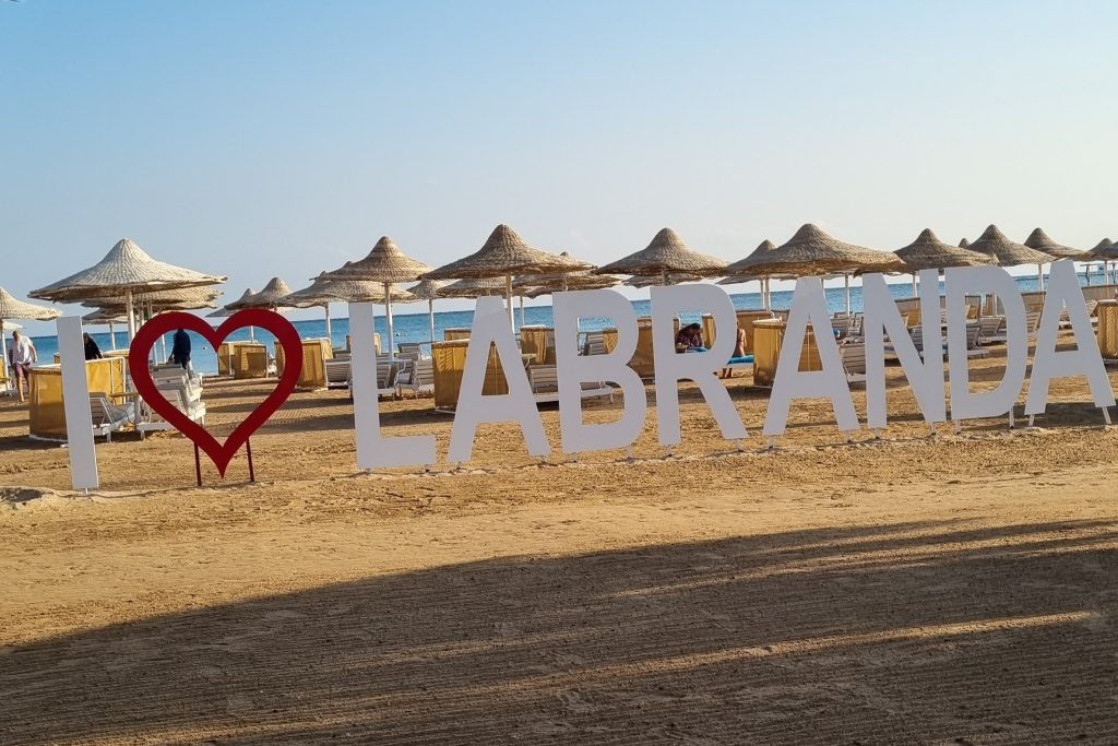 I love Labranda sign on the private beach of the hotel.