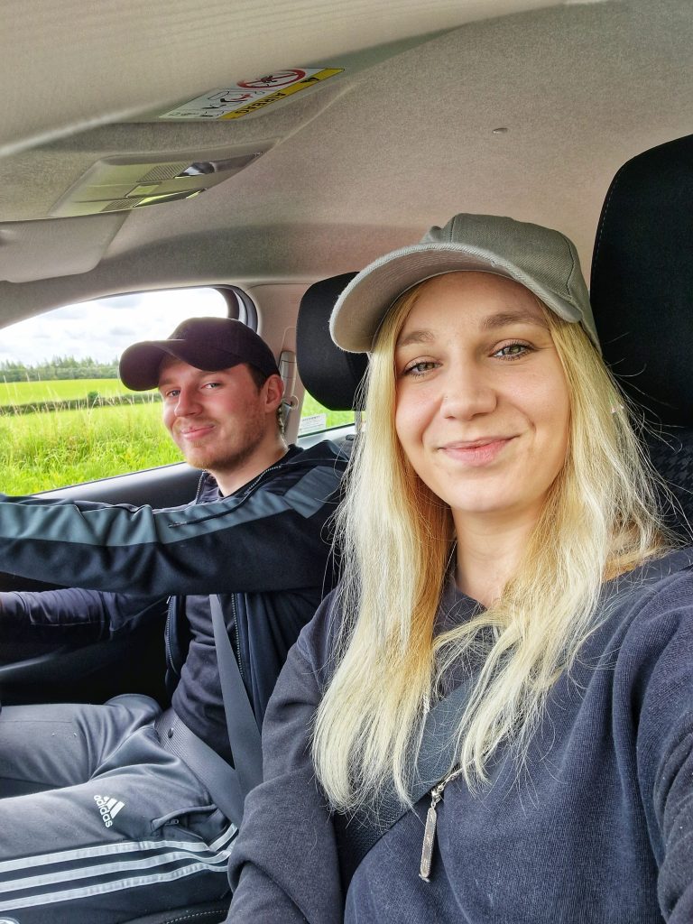 Amy & Liam in the car on the way to the camping site in Aviemore