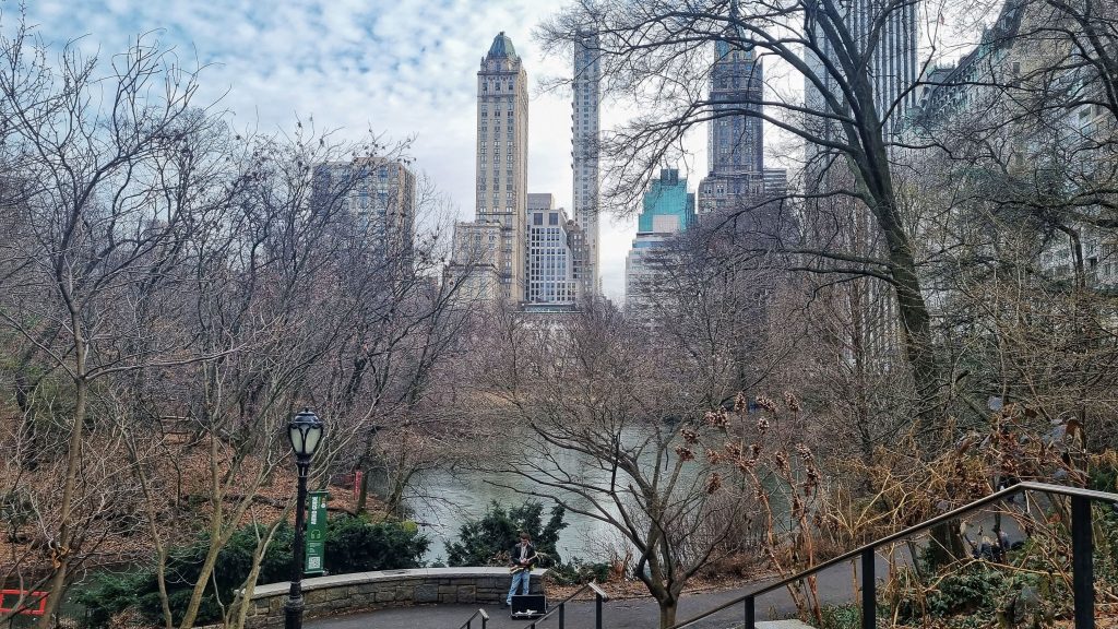 Central park is one of the places you need to visit whilst you're in Manhattan. This image shows walking down the steps towards Central Park with a saxophonist playing and large skyscrapers in the background.