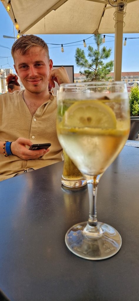 Liam and I enjoying a sangria and beer