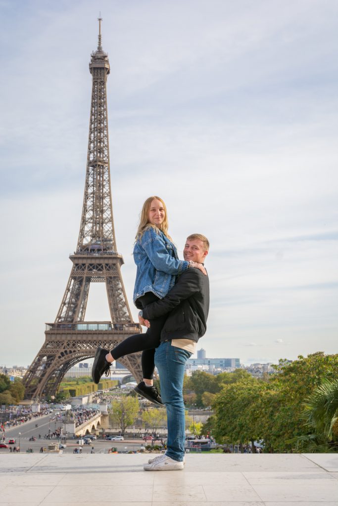 Amy & Liam during their photoshoot with the Eiffel tower in the background.