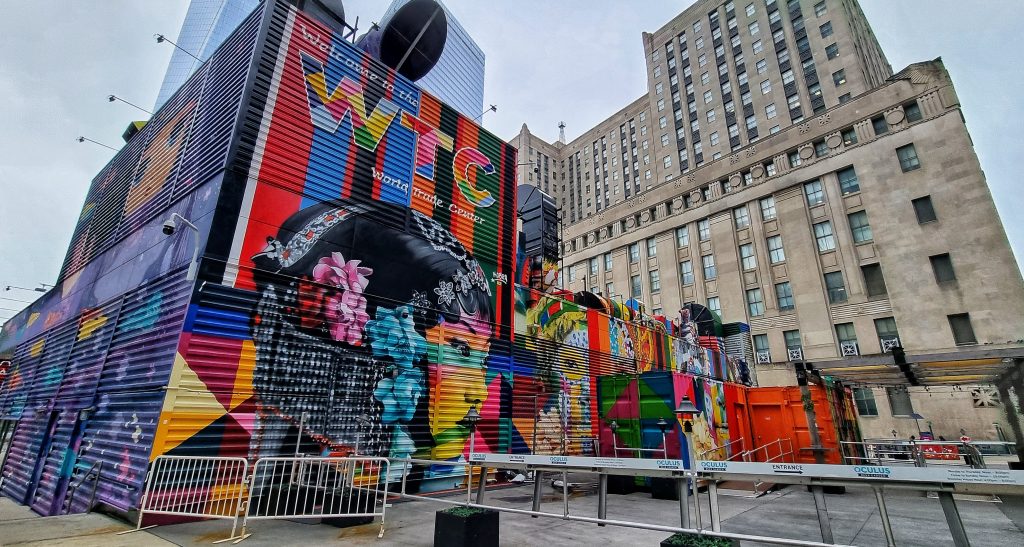 A memorial of the World Trade Centre which is bright colourful and some beautiful street art.