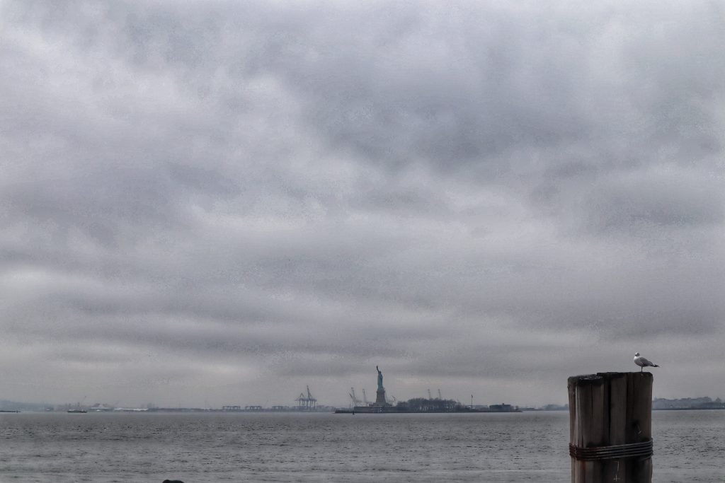 View of the Statue of Liberty in the distance.