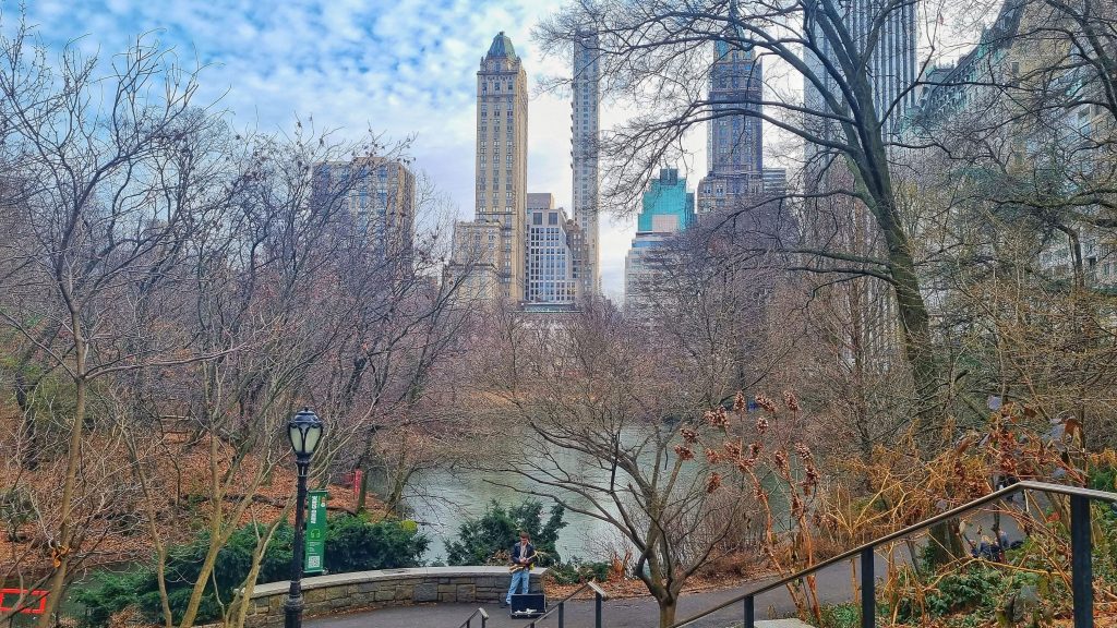 Central Park with skyscrapers in the background and a saxophonist at the bottom of the stairs with a view of the river.