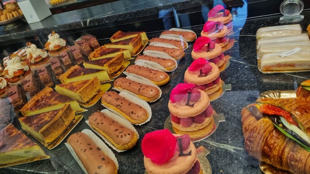 Cakes and pastries available from Lauduree Macaroon shop. This includes eclairs, pies, filled croissants and so much more.
