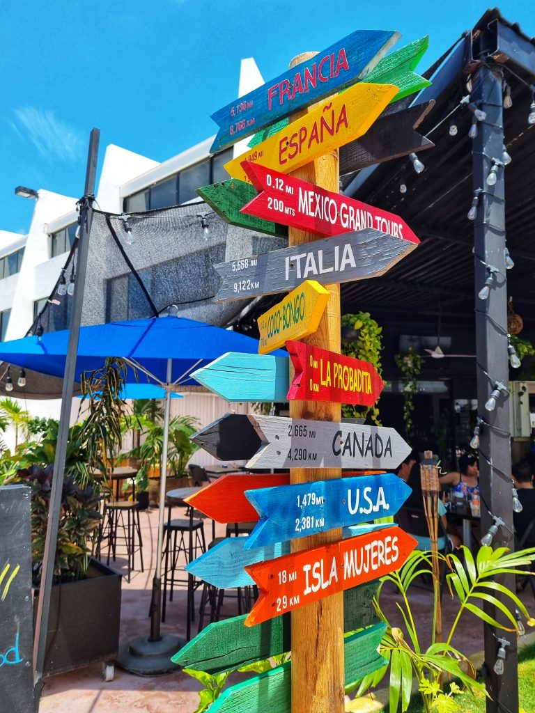 Sign in Cancun showing how far different destinations are.
