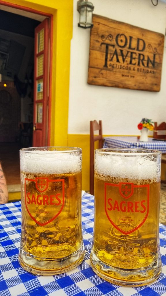 Two pints of Sagres at the Old Tavern in Faro.