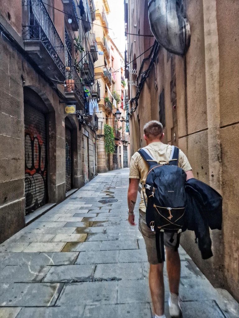 Liam walking through the Gothic Quarter in Barcelona.