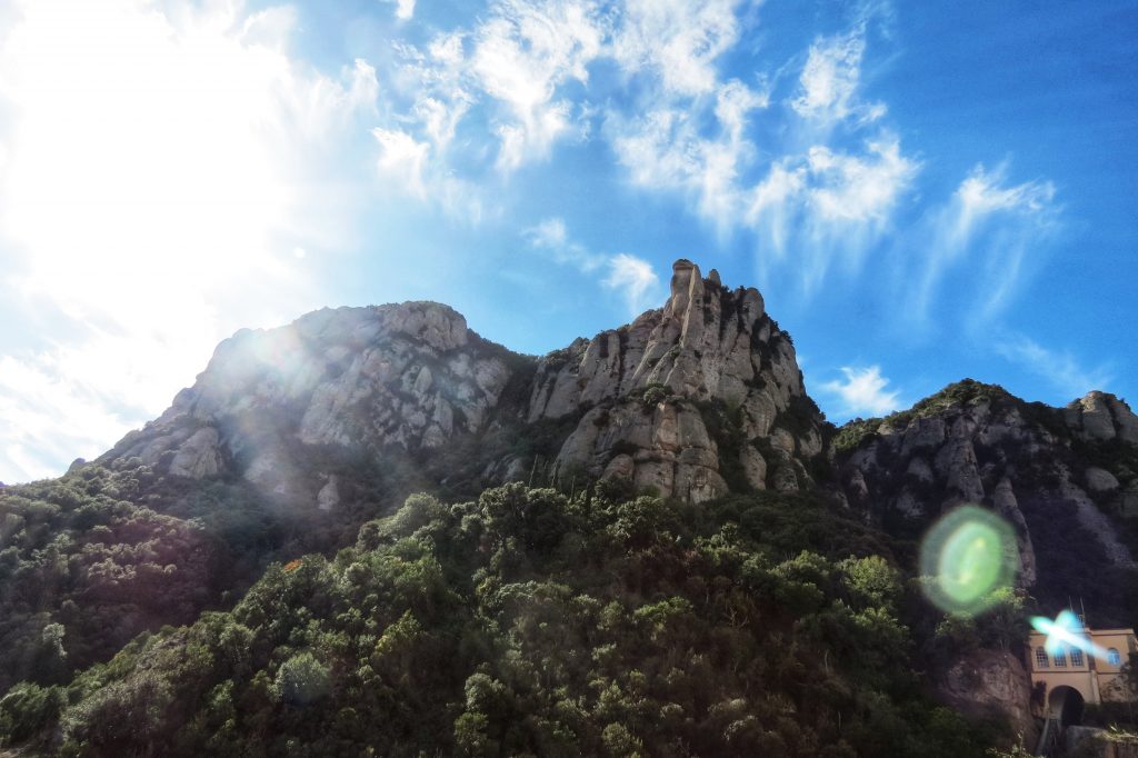 Some of the beautiful rocks on Montserrat mountain with the sun glaring down.