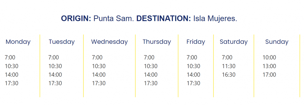 UltraCarga timetable from Punta Sam Terminal from Cancun to Isla Mujeres