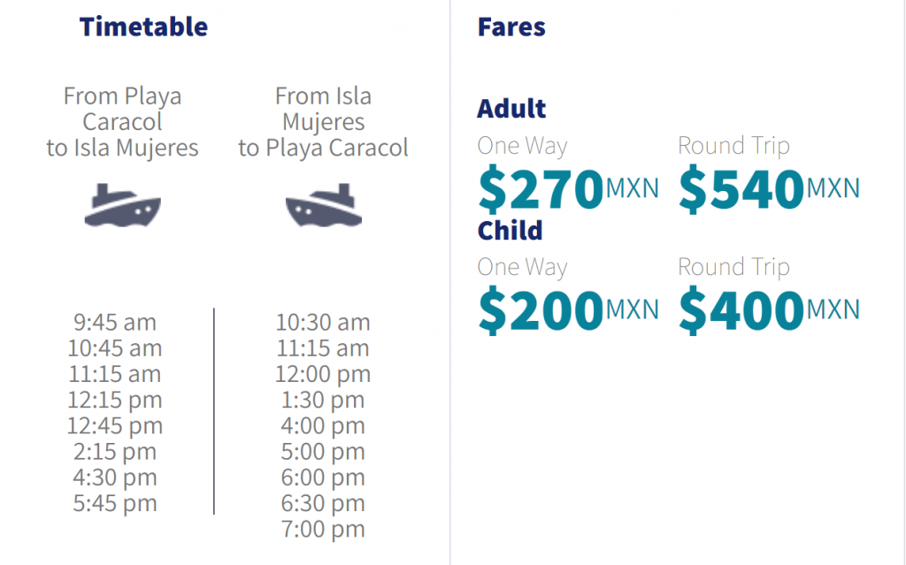 Timetable and Prices for the Ultramar ferry from Playa Caracol to Isla Mujeres