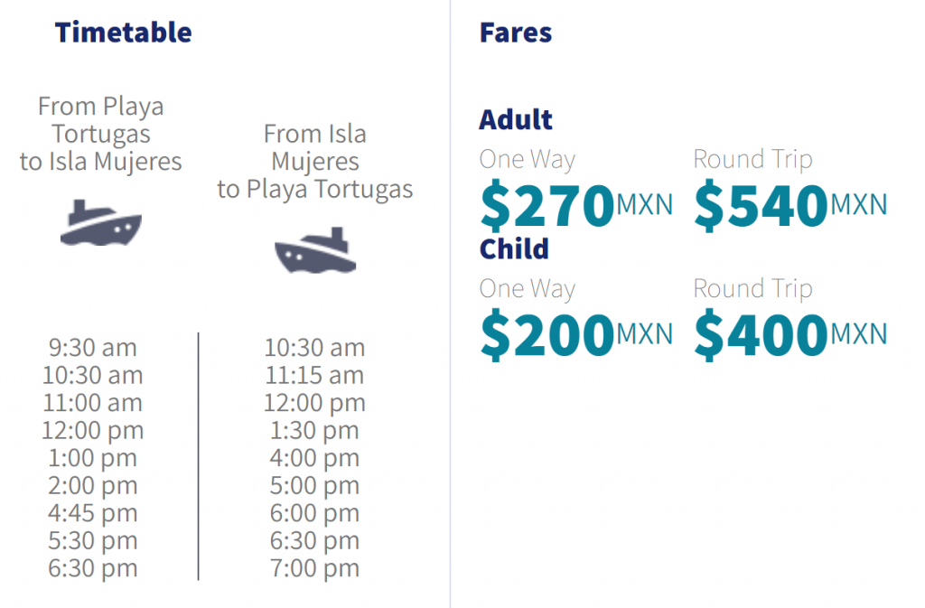 Timetable and Prices for the Ultramar ferry from Playa Tortugas to Isla Mujeres