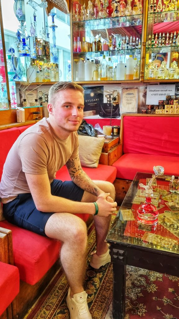 Liam enjoying some shisha at one of the perfume shops at Labranda Royal Makadi.