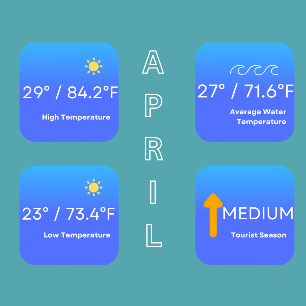 April infographic so you can decide on the best time to visit Isla Mujeres. This infographic shows the high temperature of 29 degrees / 84.2 degrees Fahrenheit, low temperature of 23 degrees / 73.4 degrees Fahrenheit. The average water temperature is 27 degrees / 71.6 degrees Fahrenheit and it is a medium tourist season in April.