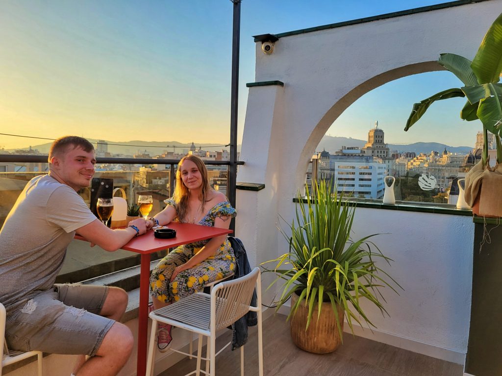 Amy & Liam enjoying some drinks on the rooftop of the Iberostar, it is the perfect way to end your 1 day in Barcelona.