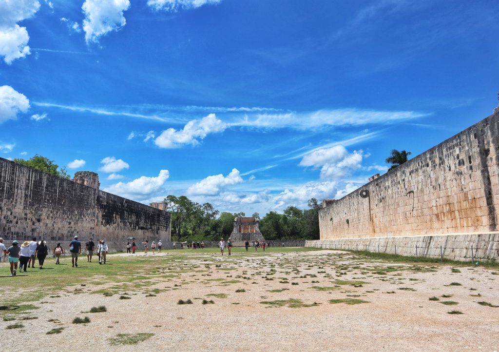 Chichen Itza site where the Mayans used to play a sports game similar to football but they would use their hips to pass the heavy ball.
