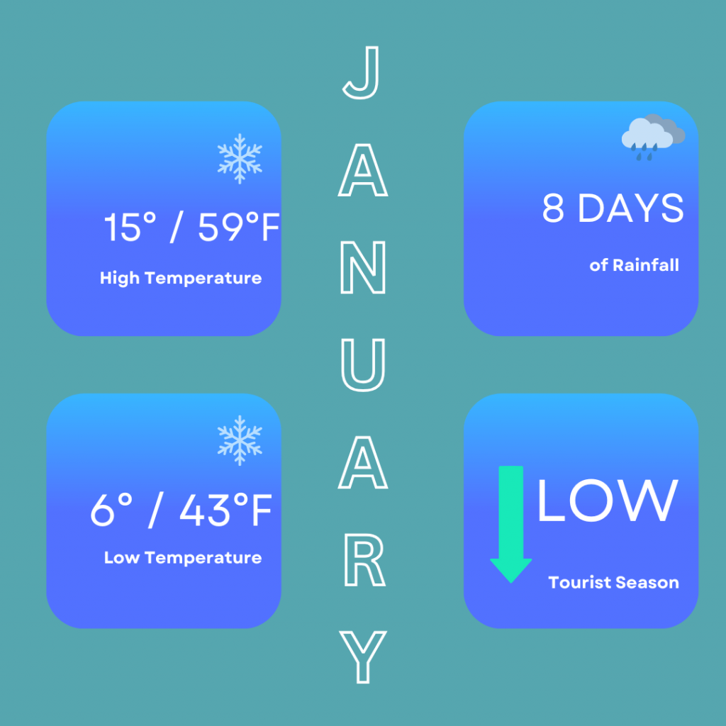 Infographic for the weather in January in Seville. High temperatures can be around 15 degrees / 59 degrees Fahrenheit, low temperatures of 6 degrees / 43 degrees Fahrenheit. You can expect around 8 days of rainfall but it is a low tourist season to visit so it may be a good time to visit.