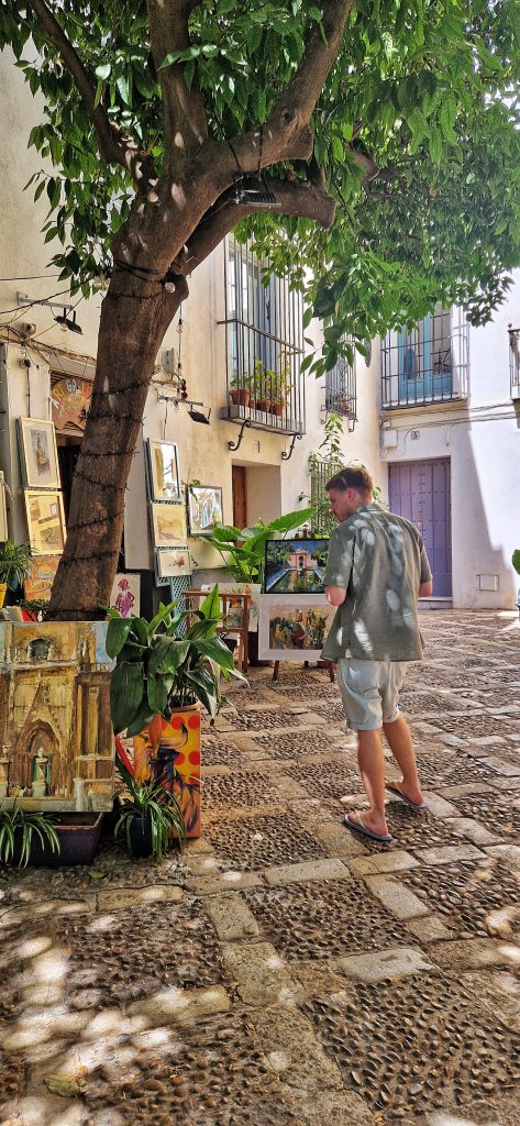 Liam browsing some different artwork down this small cosy courtyard that we found.