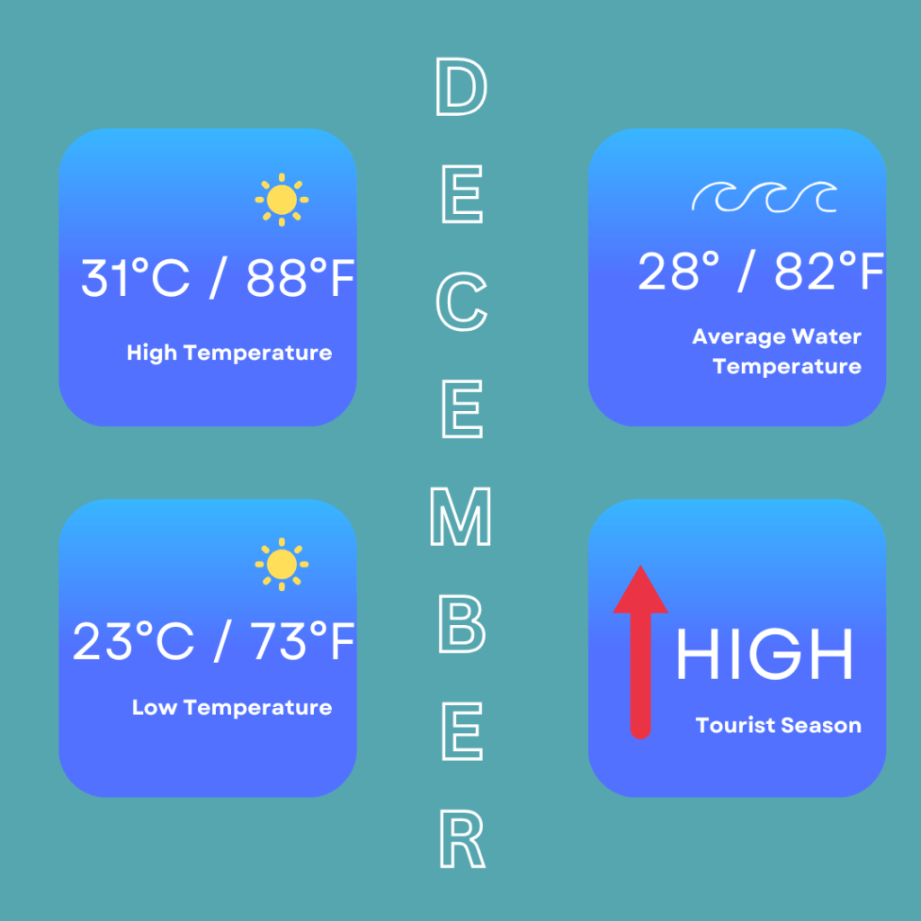 Infographic for weather in December in Phuket. It shows high temperatures of 31 Degrees Celsius / 88 Degrees Fahrenheit. Low temperatures of 23 Degrees Celsius / 73 Degrees Fahrenheit. It also shows sea temperatures are 28 Degrees Celsius / 82 Degrees Fahrenheit and that it is a high tourist season.
