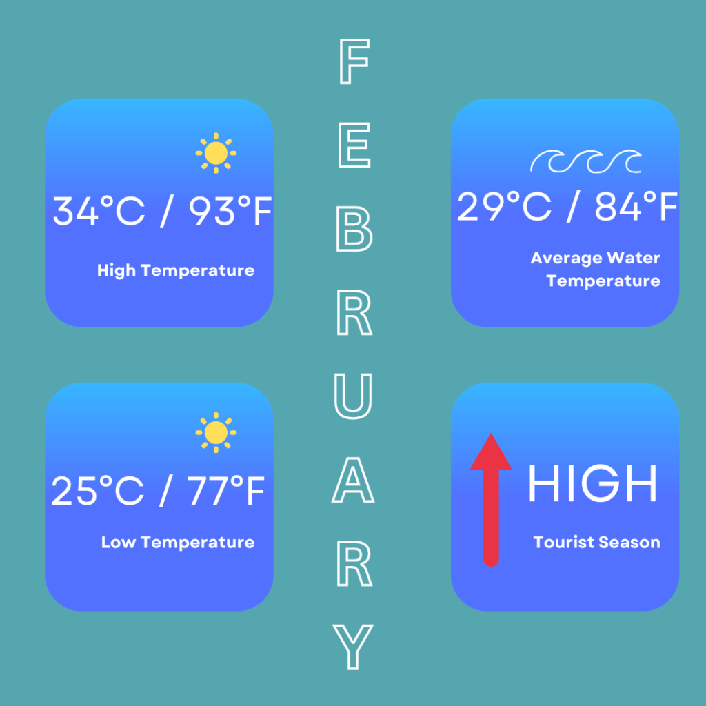 Infographic for weather in February in Phuket. It shows high temperatures of 34 Degrees Celsius / 93 Degrees Fahrenheit. Low temperatures of 25 Degrees Celsius / 77 Degrees Fahrenheit. It also shows sea temperatures are 29 Degrees Celsius / 84 Degrees Fahrenheit and that it is high tourist season.