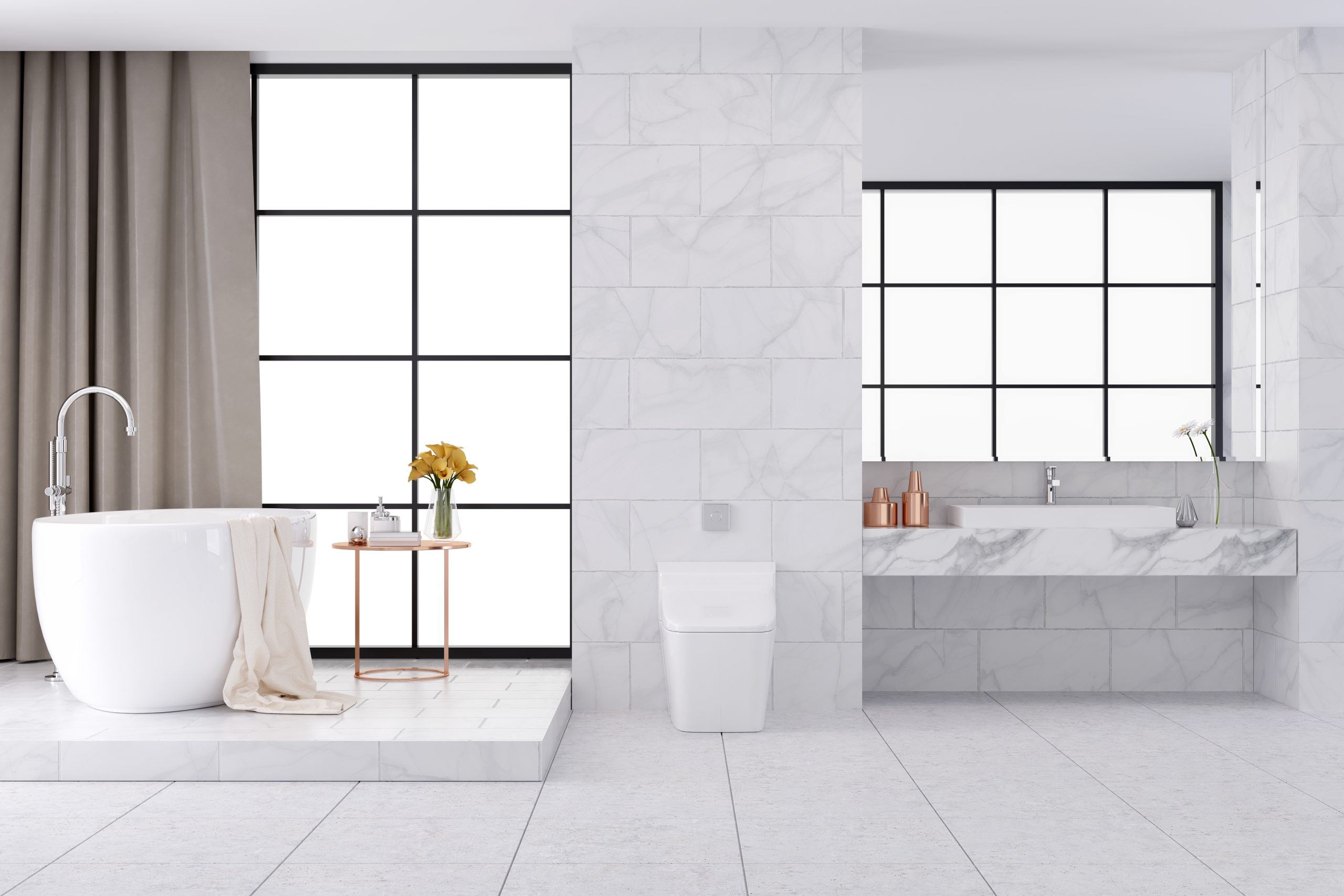 White Spacious Luxury Bathroom Interior Design,3d rendering
