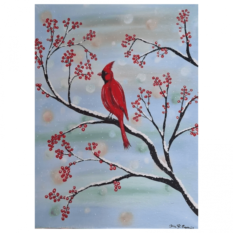 Tavla föreställandes en kardinalfågel sittandes på en gren av en rönn.