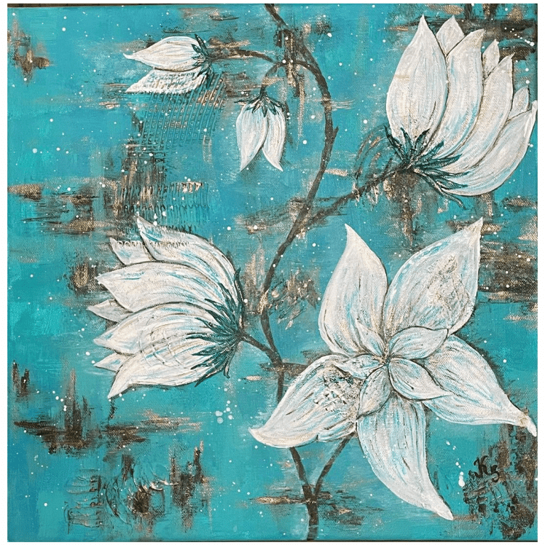 Akrylmålning föreställandes vita blommor på turkos bakgrund.