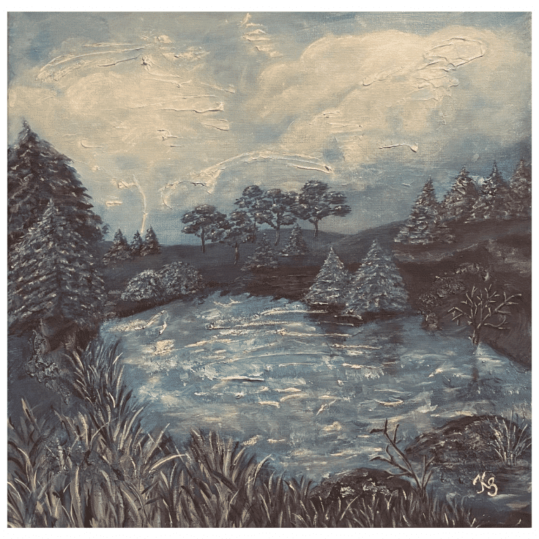 Akrylmålning av ett landskap med en sjö.
