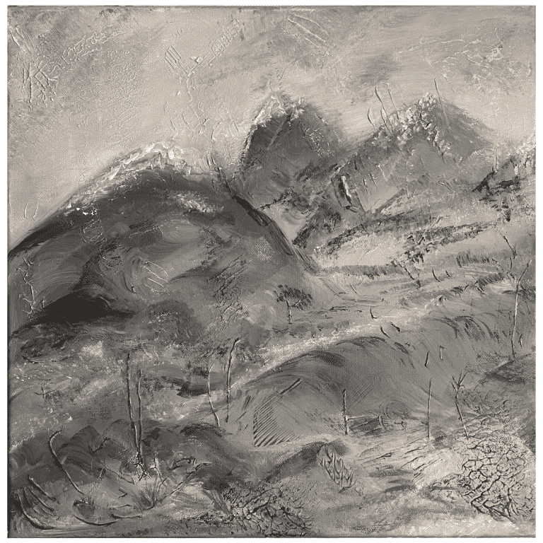 Akrylmålning i gråskala föreställandes berg och natur.