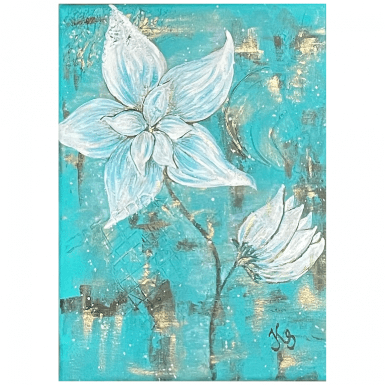 Akrylmålning med föreställandes en vit blomma med turkos bakgrund.
