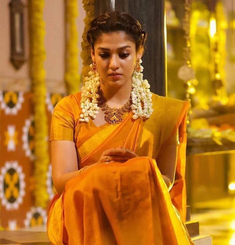 Nayanthara in yellow saree traditional look Indian actress